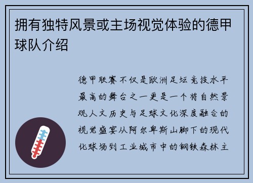 拥有独特风景或主场视觉体验的德甲球队介绍